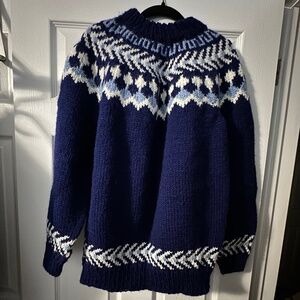 Handmade Knit Sweater Nordic Fair Isle Style Blue Wool Pullover